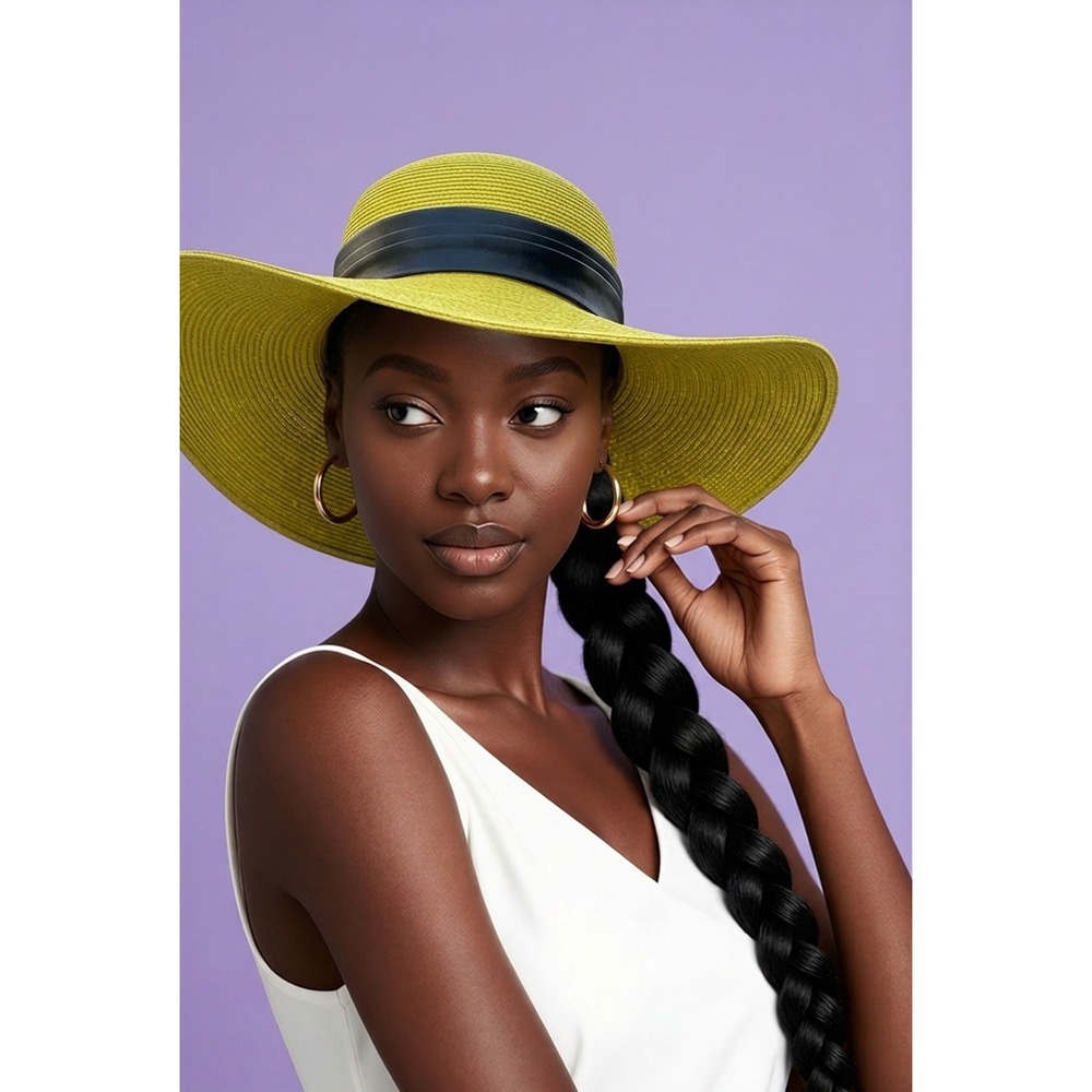 Vintage Yellow Wide Brim Sun Hat Black Faux Leather Trim Floppy‎ Straw Beach Hat